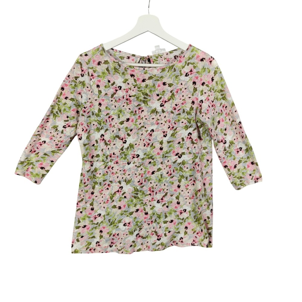 J. Jill Womens Cottagecore Romantic 100% Linen Peplum Top S Blouse Pink Floral